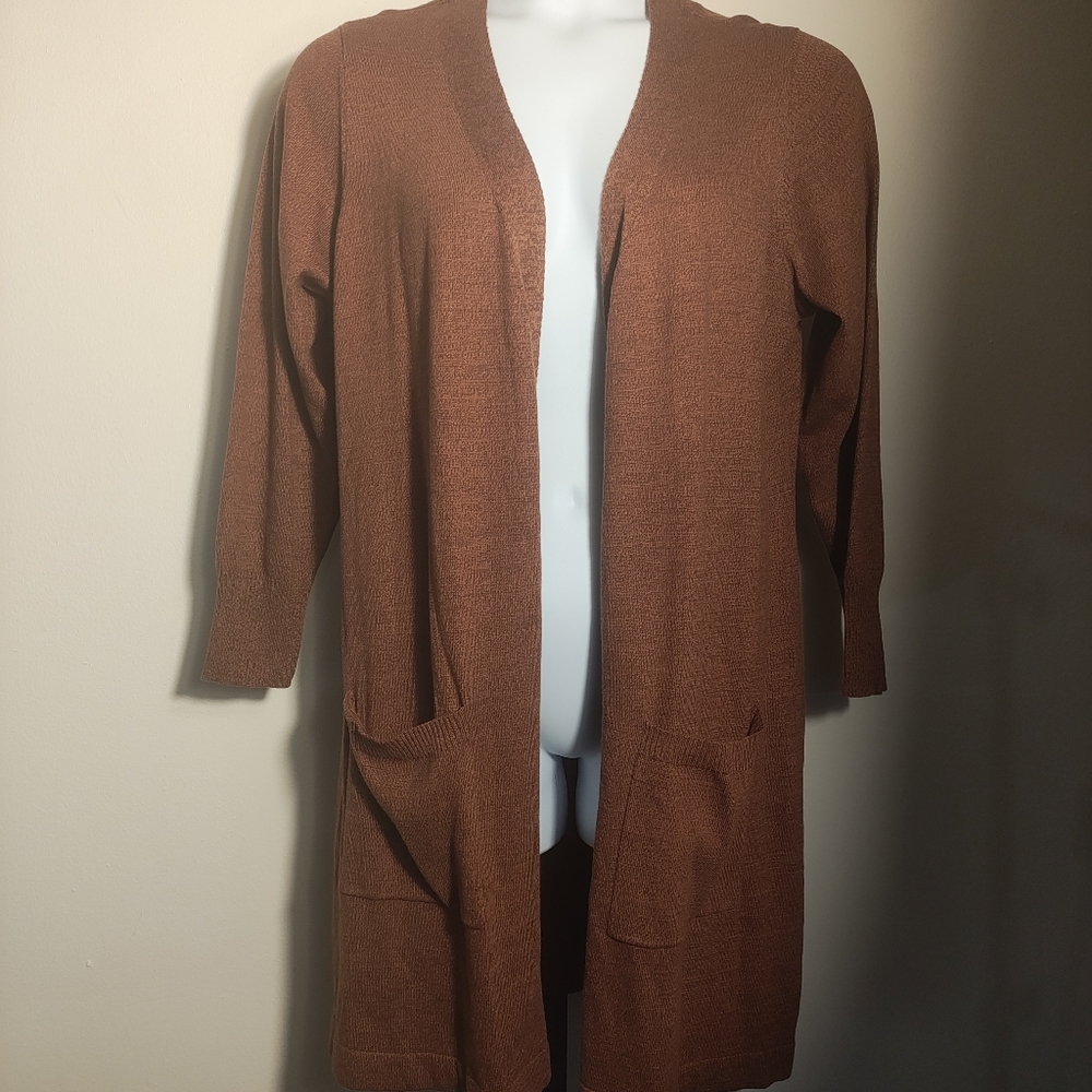 Denim & Company Plus Size 1XP Open Front Cardigan Long Sleeve Sweater Rust